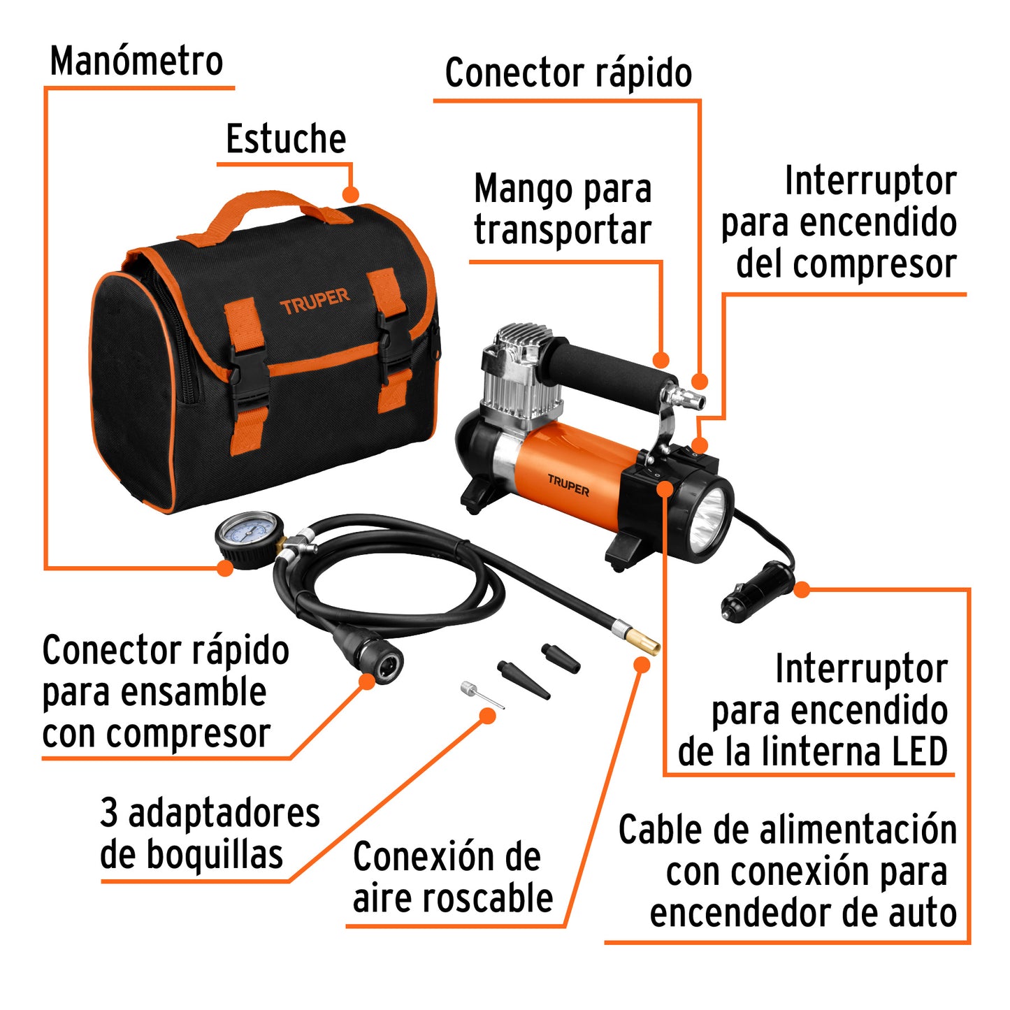 Compresor de aire 12V Truper Cod 19999 COMP-12 para auto incluye maletín