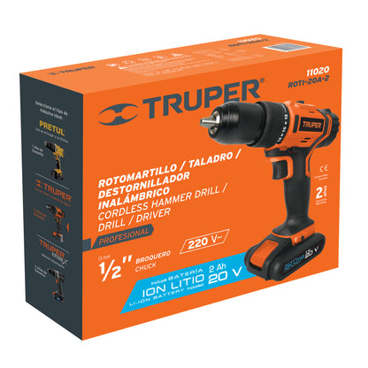 Taladro Inalámbrico 20 V Truper Cod 11020 ROTI-20A-2 batería ión Litio 1/2 220V