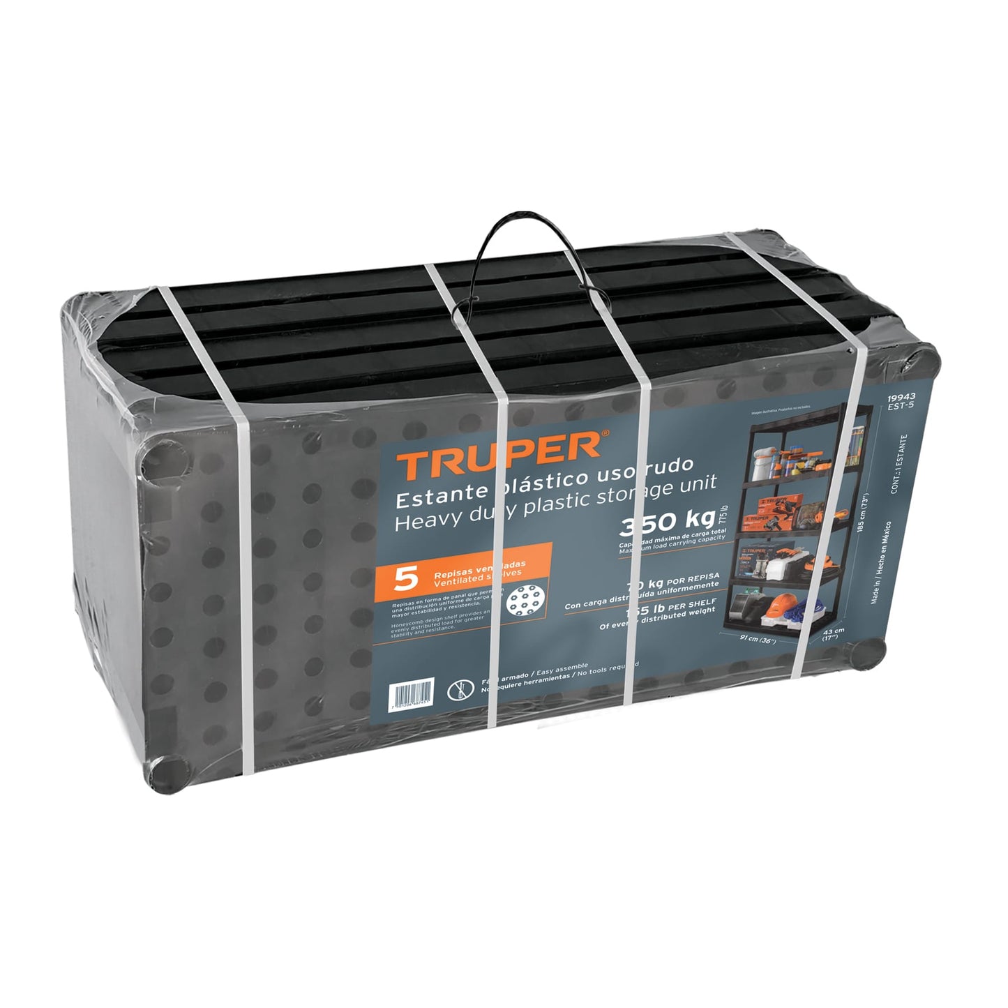 Estante Plástico 5 repisas Truper Cod 19943 EST-5 uso rudo Cap. 70 kg 185x43x91