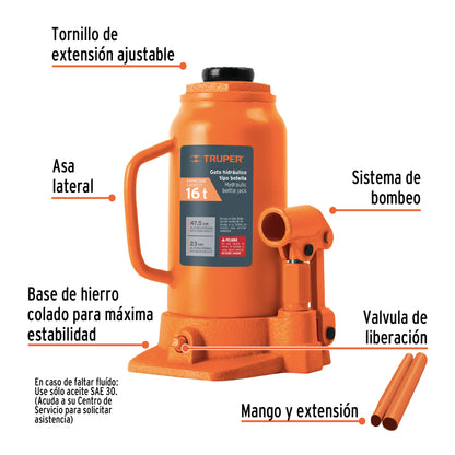 Gato Hidráulico botella Truper Cod 14820 GAT-16 de 16 Ton