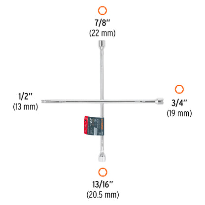 Llave de cruz 20 truper Cod 18024 LLCR-20D pulida y cromada con entrada cuadro 1/2