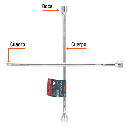 Llave de cruz 20 truper Cod 18024 LLCR-20D pulida y cromada con entrada cuadro 1/2
