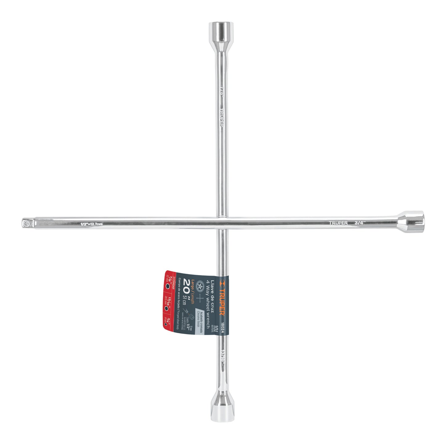 Llave de cruz 20 truper Cod 18024 LLCR-20D pulida y cromada con entrada cuadro 1/2
