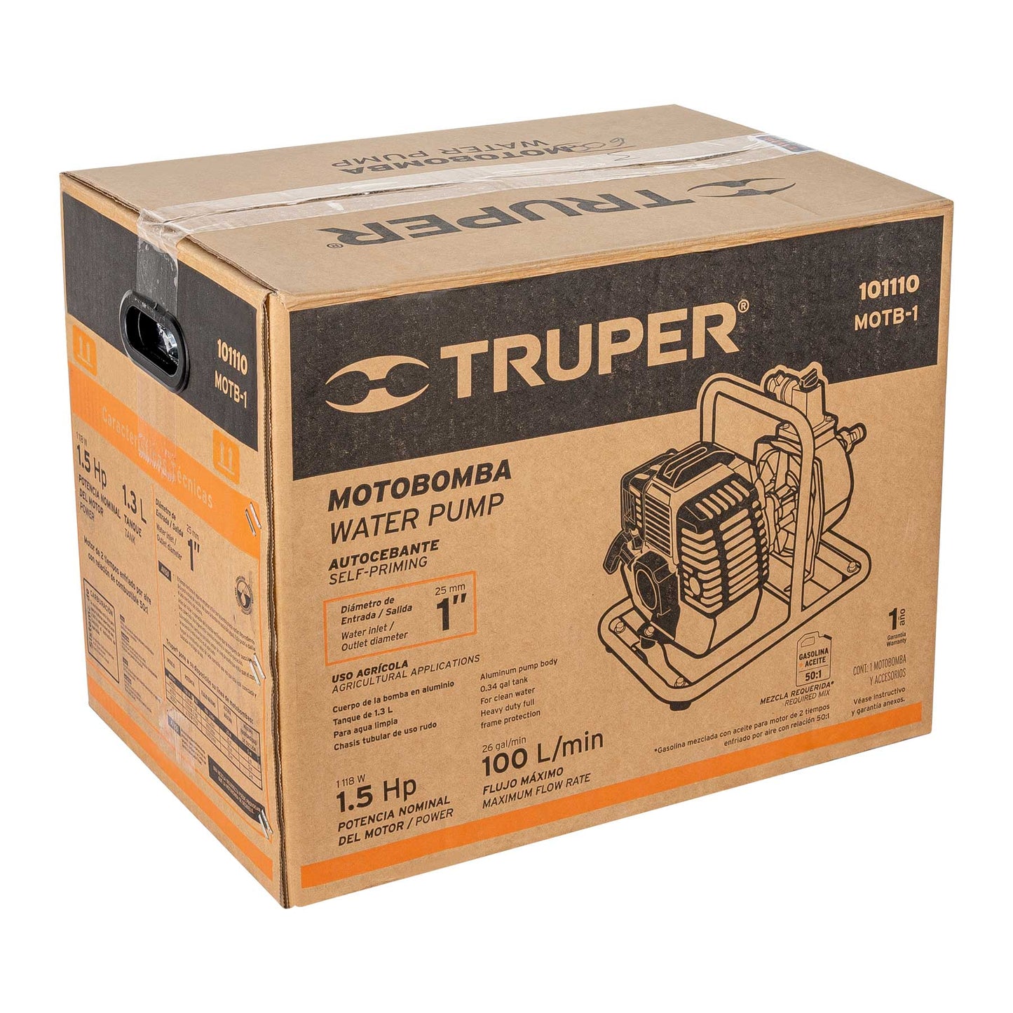 Motobomba autocebante 1 x1 Truper Cod 101110 MOTB-1 gas 1 1/2 HP agrícola