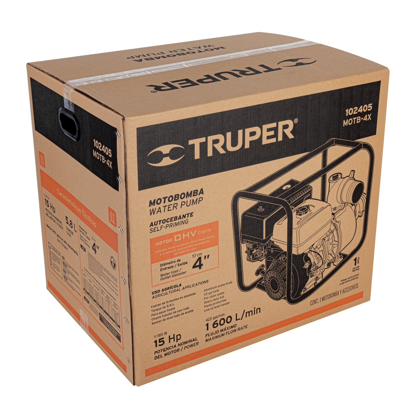 Motobomba autocebante 4 x4 Truper Cod 102405 MOTB-4X gasolina 15 HP agrícola