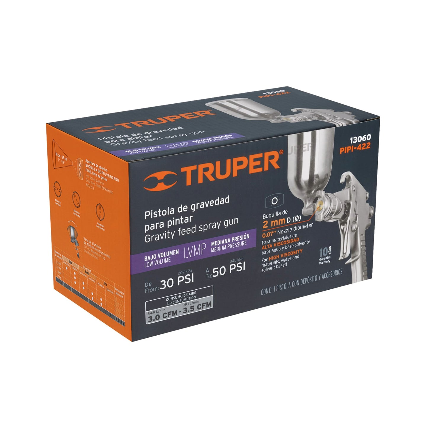 Pistola para pintar Truper Cod 13060 PIPI-422 gravedad LVMP vaso aluminio 2 mm