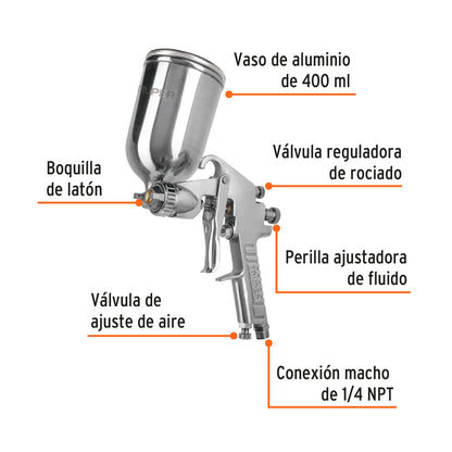 Pistola para pintar Truper Cod 13060 PIPI-422 gravedad LVMP vaso aluminio 2 mm