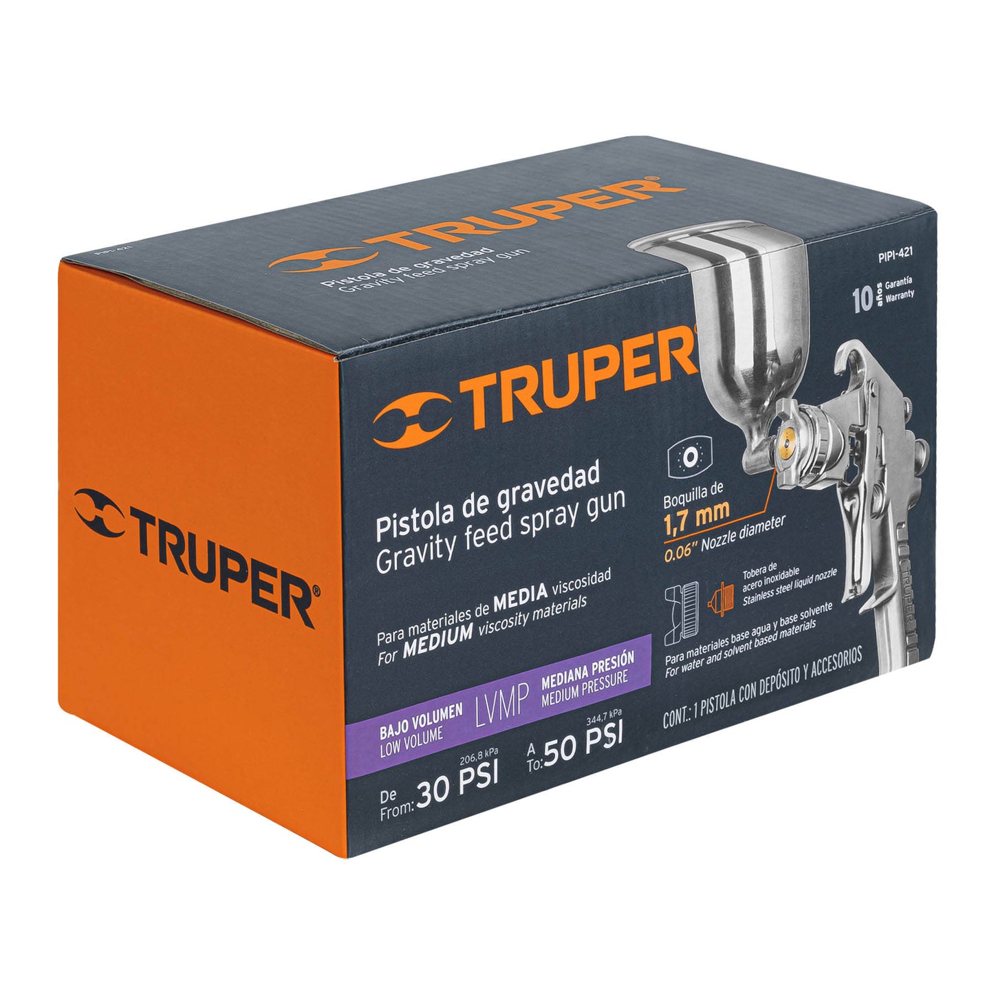Pistola para pintar Truper Cod 13061 PIPI-421 gravedad LVMP vaso aluminio 1.7 mm