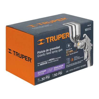 Pistola para pintar Truper Cod 13061 PIPI-421 gravedad LVMP vaso aluminio 1.7 mm