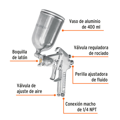 Pistola para pintar Truper Cod 13061 PIPI-421 gravedad LVMP vaso aluminio 1.7 mm
