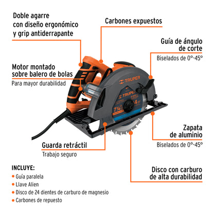 Sierra Circular 7-1/4" Truper Cod 11005 SICI-7-1/4A3-2 Profesional 220V 1500W