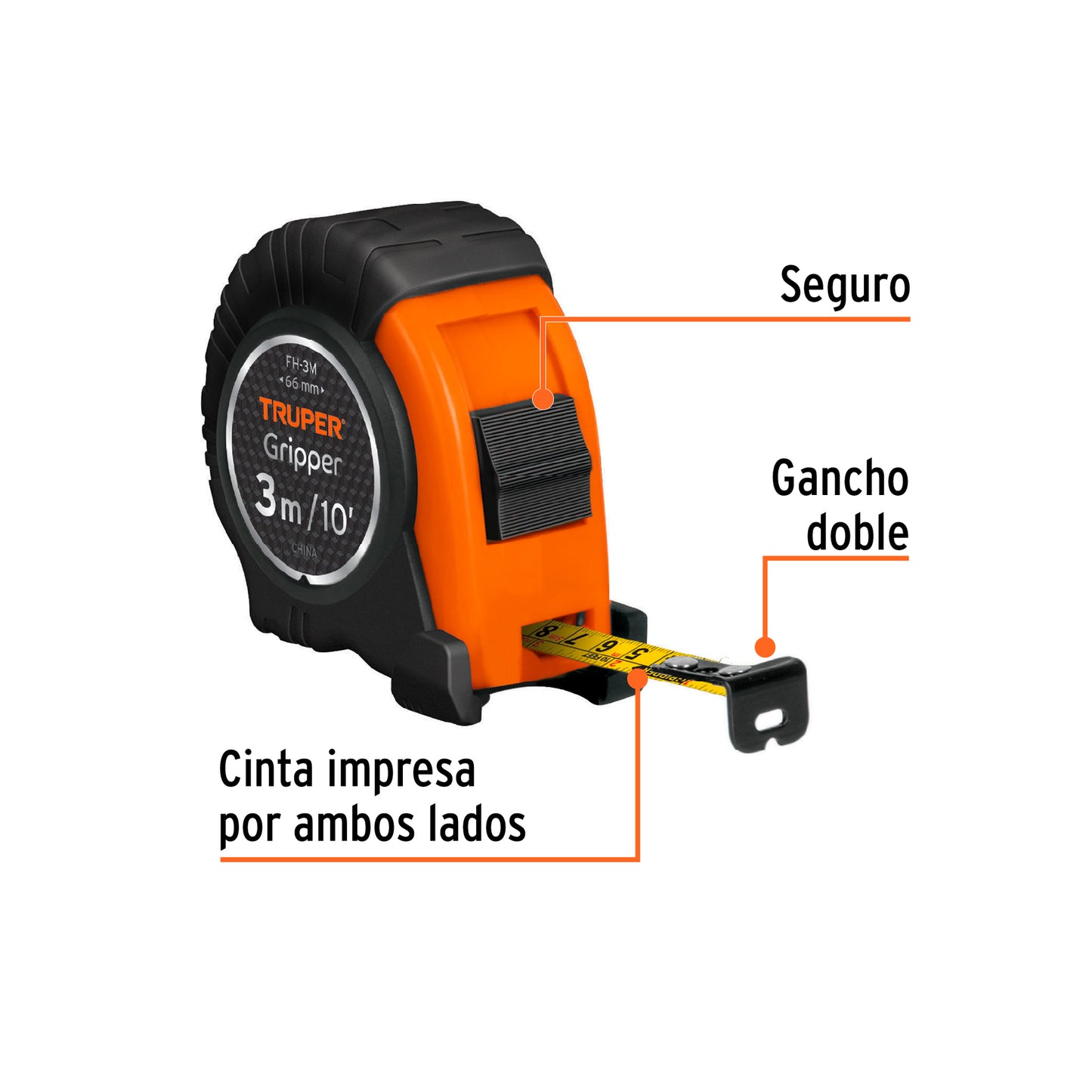 Wincha - Flexómetro Gripper Truper Cod 14577 FH-3M contra impactos 3 m cinta 13 mm