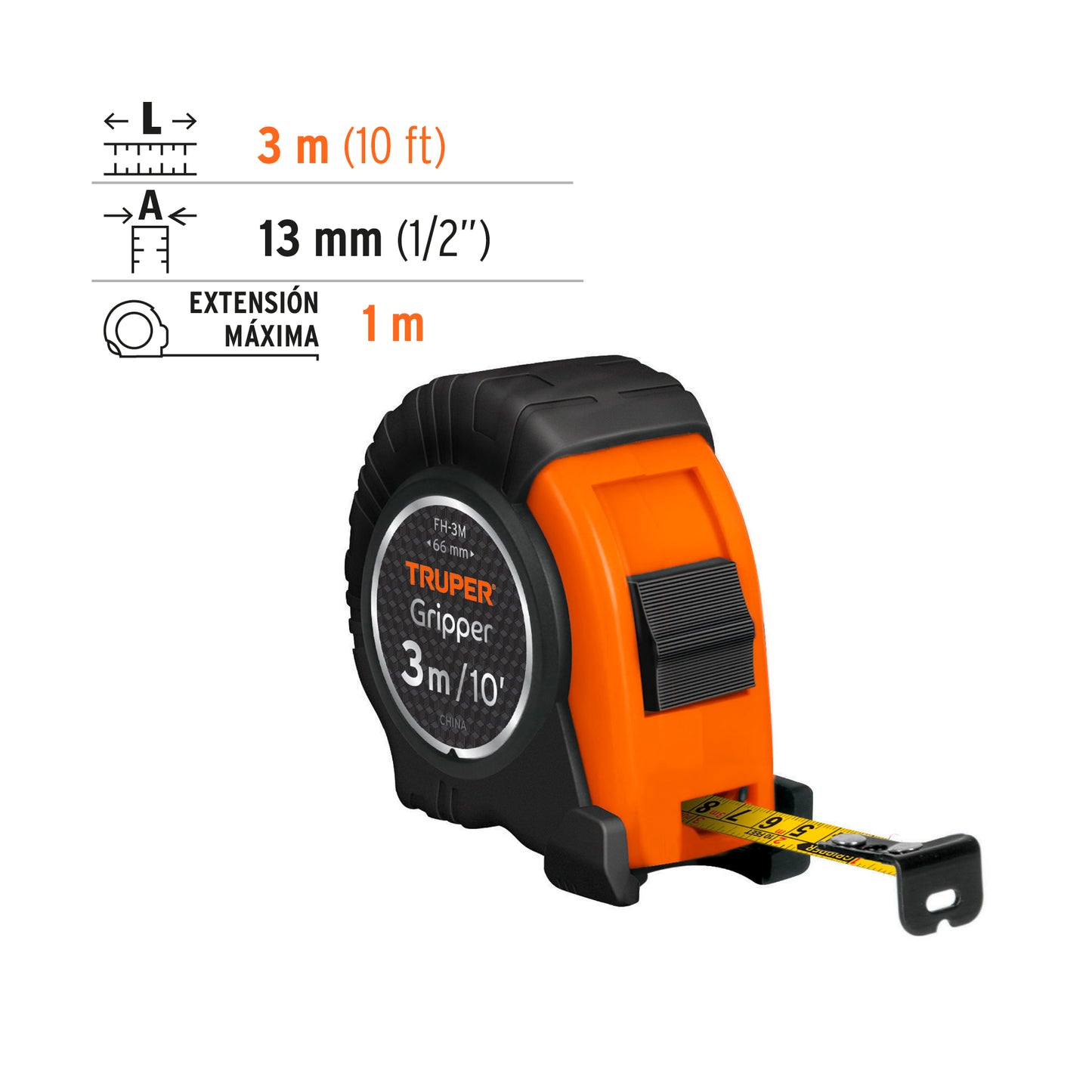 Wincha - Flexómetro Gripper Truper Cod 14577 FH-3M contra impactos 3 m cinta 13 mm