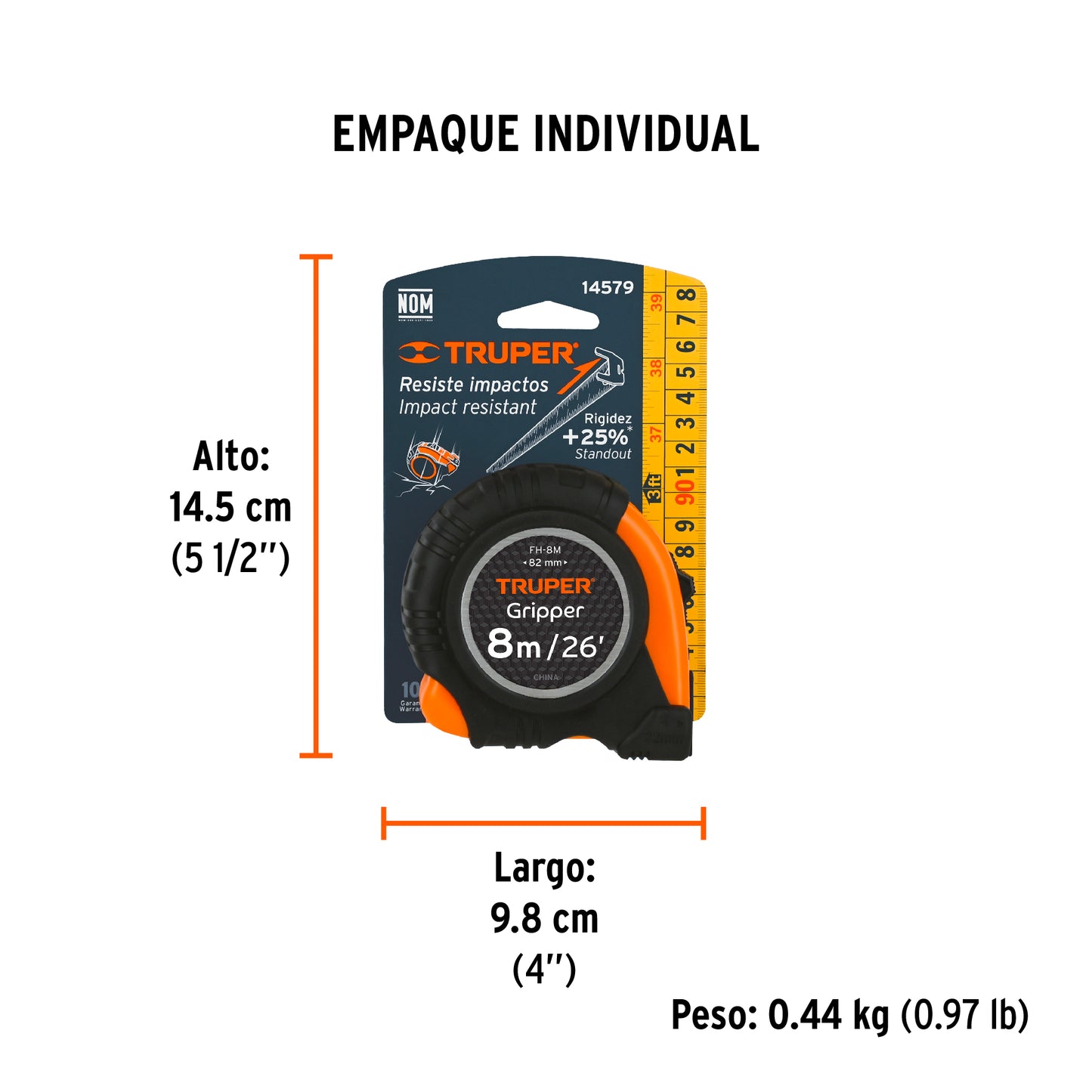 Wincha - Flexómetro Gripper Truper Cod 14579 FH-8M contra impactos 8 m cinta 25 mm