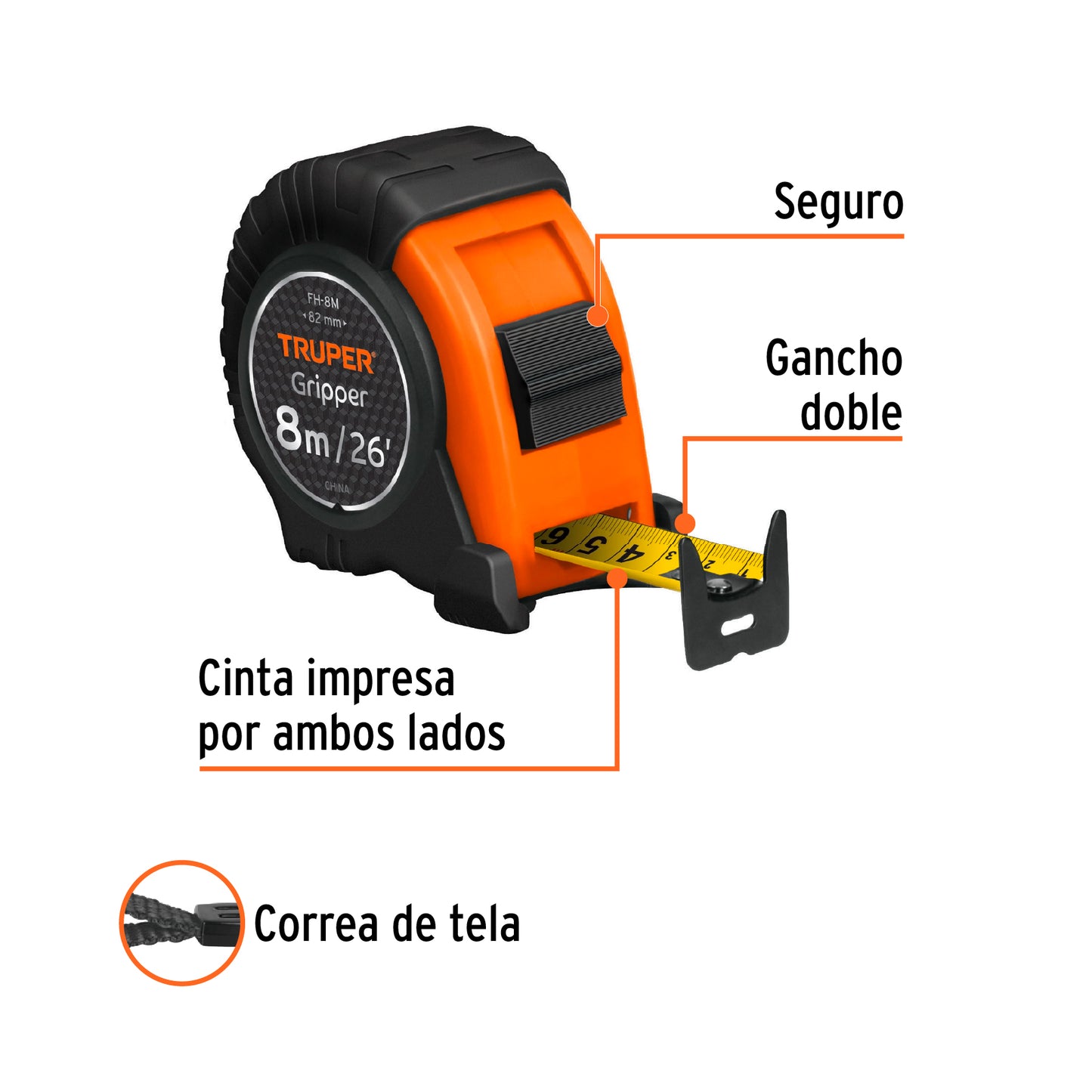 Wincha - Flexómetro Gripper Truper Cod 14579 FH-8M contra impactos 8 m cinta 25 mm