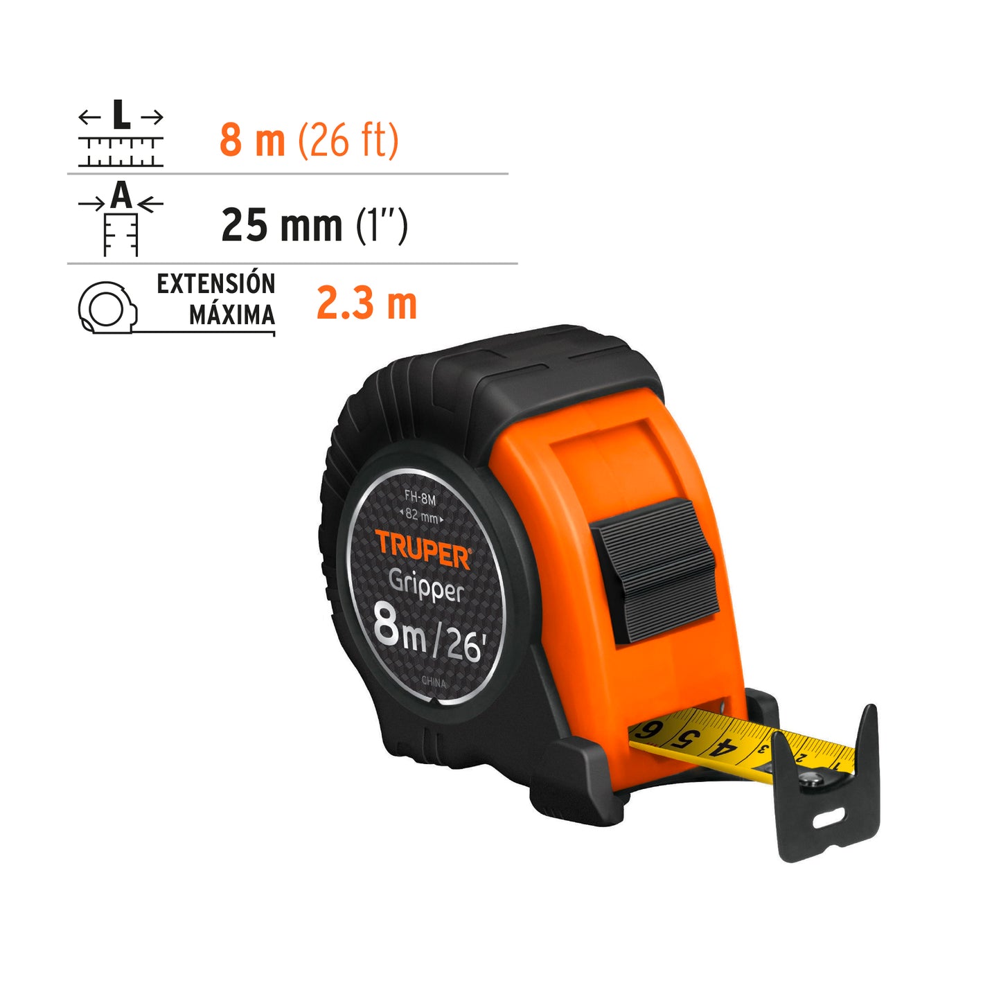 Wincha - Flexómetro Gripper Truper Cod 14579 FH-8M contra impactos 8 m cinta 25 mm