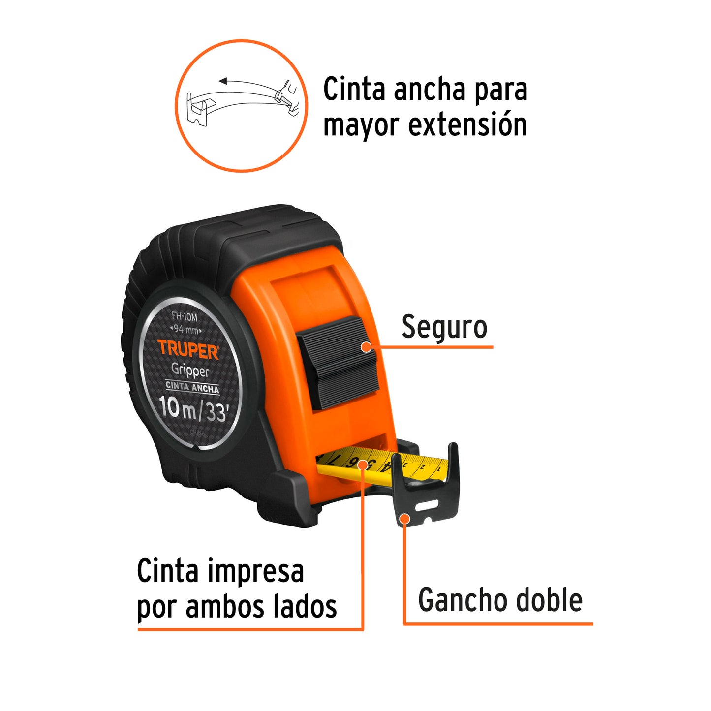 Wincha - Flexómetro Gripper Truper Cod 14582 FH-10M contra impactos 10 m cinta 32 mm