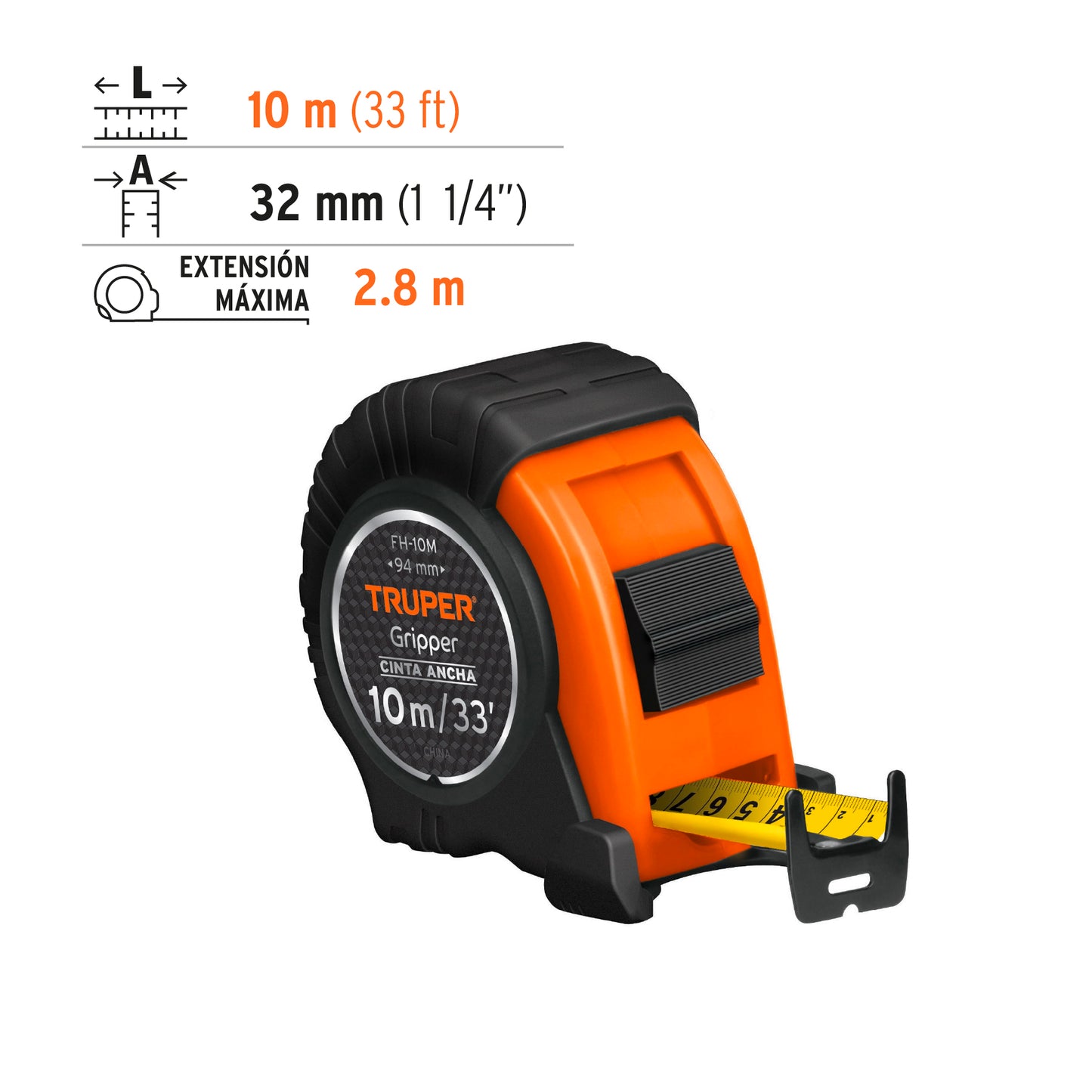 Wincha - Flexómetro Gripper Truper Cod 14582 FH-10M contra impactos 10 m cinta 32 mm