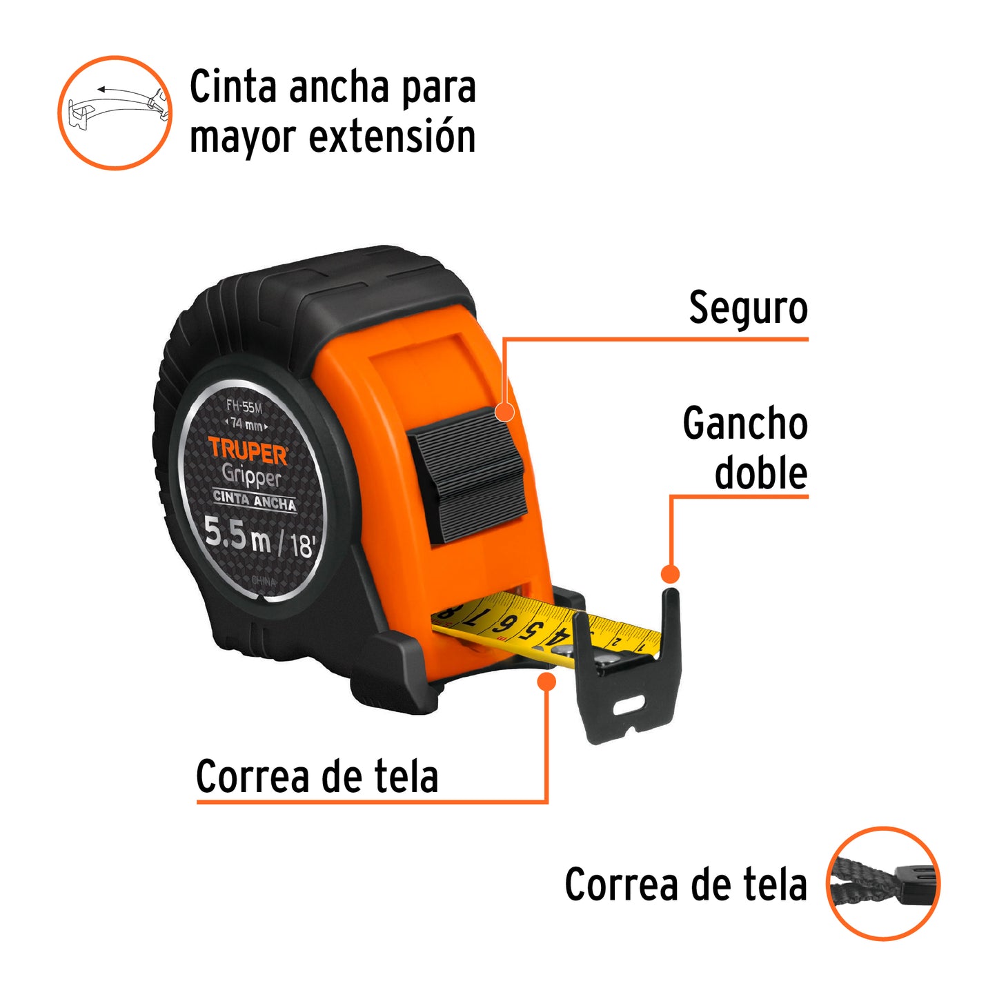 Wincha - Flexómetro Gripper Truper Cod 14613 FH-55M contra impactos 5.5 m cinta 25 mm