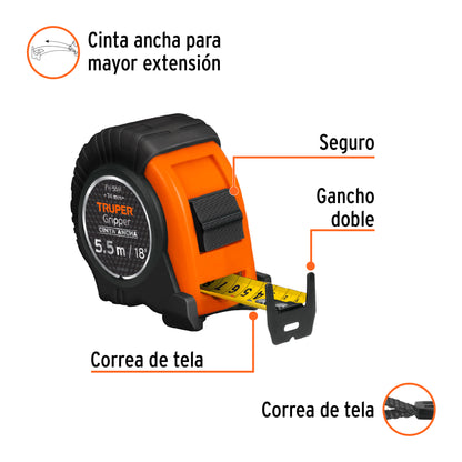 Wincha - Flexómetro Gripper Truper Cod 14613 FH-55M contra impactos 5.5 m cinta 25 mm