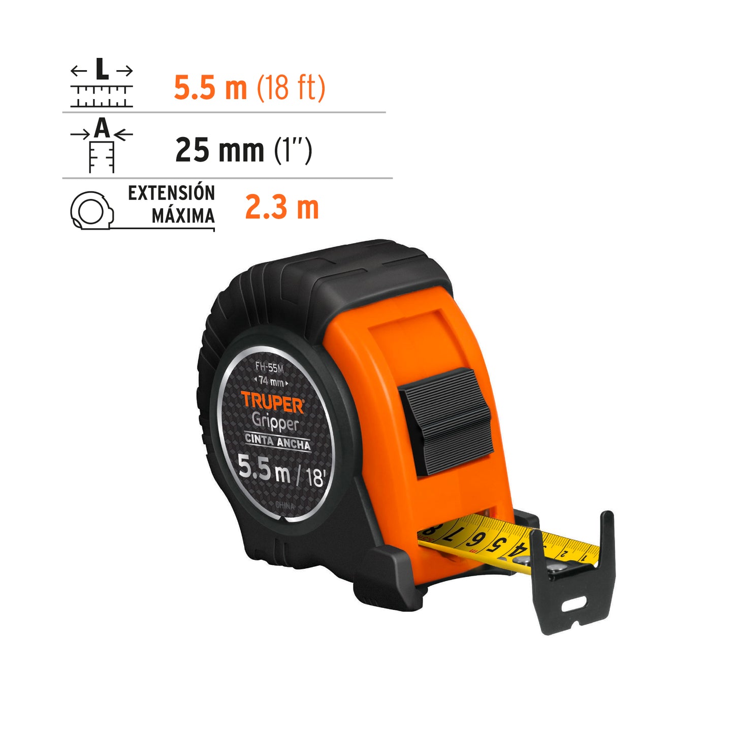Wincha - Flexómetro Gripper Truper Cod 14613 FH-55M contra impactos 5.5 m cinta 25 mm