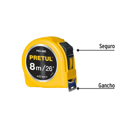 Wincha - Flexómetro amarillo Pretul Cod 21603 PRO-8ME 8 m cinta 25 mm en tarjeta