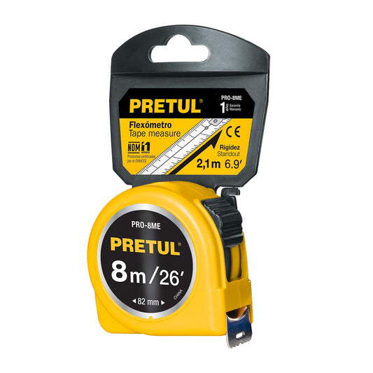 Wincha - Flexómetro amarillo Pretul Cod 21603 PRO-8ME 8 m cinta 25 mm en tarjeta