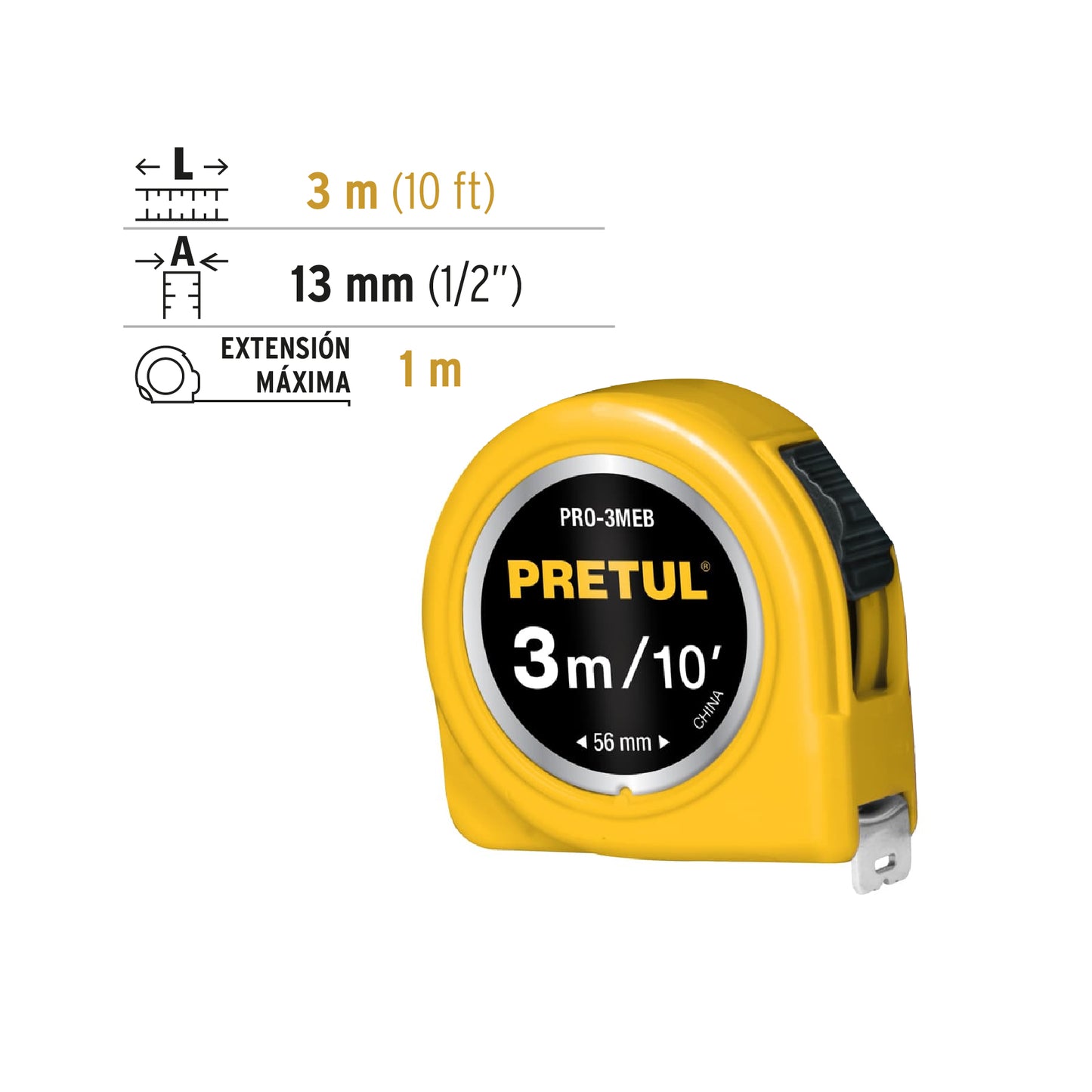 Wincha - Flexómetro amarillo Pretul Cod 21605 PRO-3MEB 3 m cinta 13 mm en tarjeta