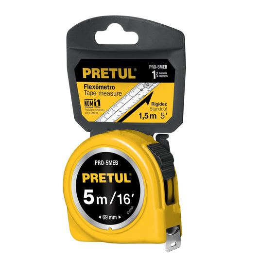 Wincha - Flexómetro amarillo Pretul Cod 21606 PRO-5MEB 5 m cinta 19 mm en tarjeta