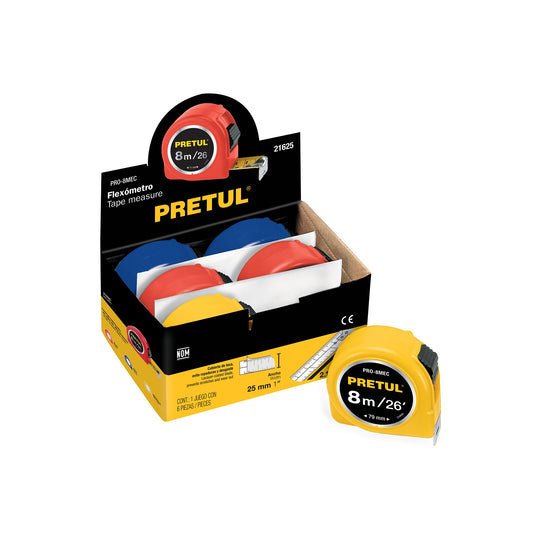Winchas - Flexómetro 8m cinta 25mm Pretul Cod 21625 PRO-8MEC display box con 6 pzas, precio por unidad