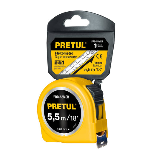 Wincha - Flexómetro amarillo Pretul Cod 28022 PRO-55MEB 5.5 m cinta 25 mm en tarjeta